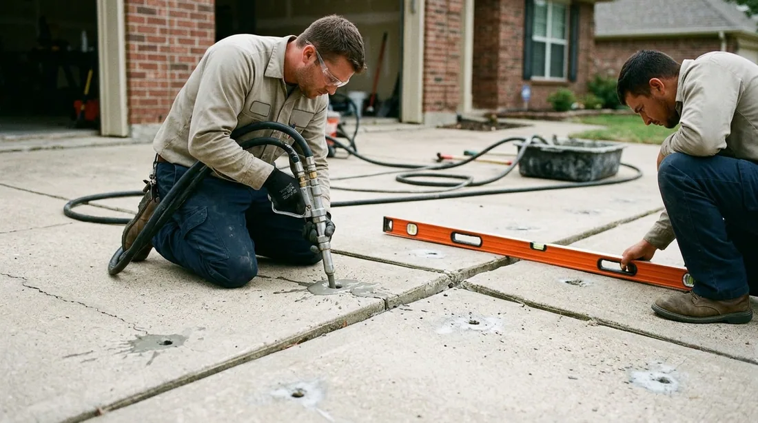 Material is pumped in stages while the slab is monitored with a level — Lexington, KY