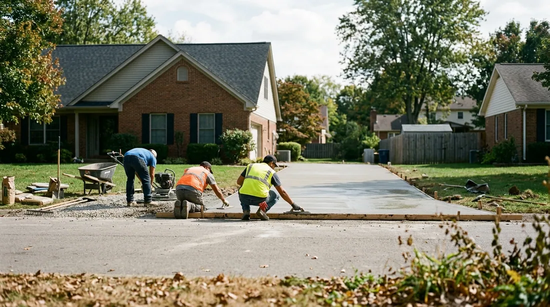 A small professional crew working on a concrete leveling job at a property, seen from behind and at — Lexington, KY